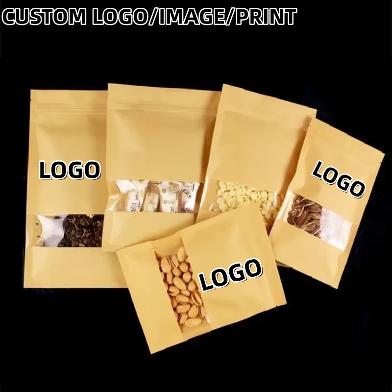 Logo Food Snack - Flachboden-Kraftpapier-Ziplock-Beutel mit transparentem Fenster, individuelle Logo-Lebensmittel-Aufbewahrungsbeutel