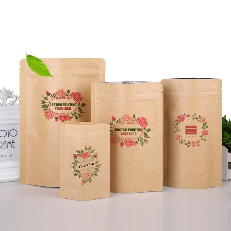 Logo Food Snack - Individuell bedruckte braune Kraftpapier-Standbeutel mit Zip-Verschluss